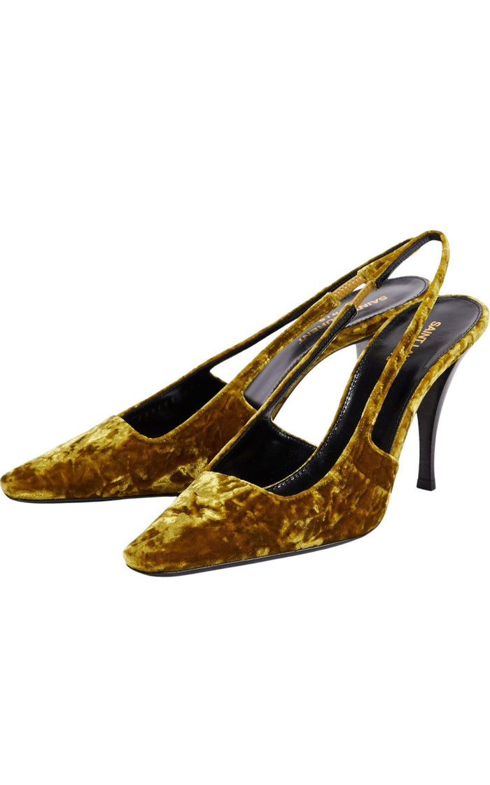 Saint Laurent Blade 90 Velvet Slingback Pumps in Mustered - Runway Catalog