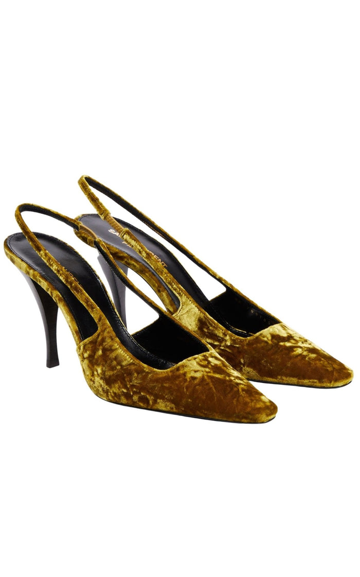 Saint Laurent Blade 90 Velvet Slingback Pumps in Mustered - Runway Catalog