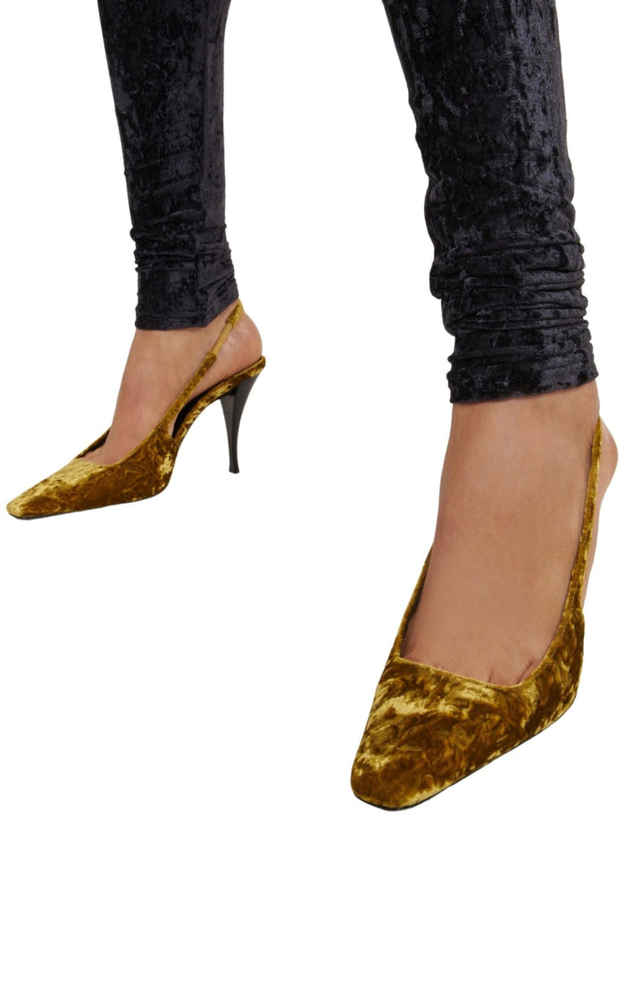 Saint Laurent Blade 90 Velvet Slingback Pumps in Mustered - Runway Catalog
