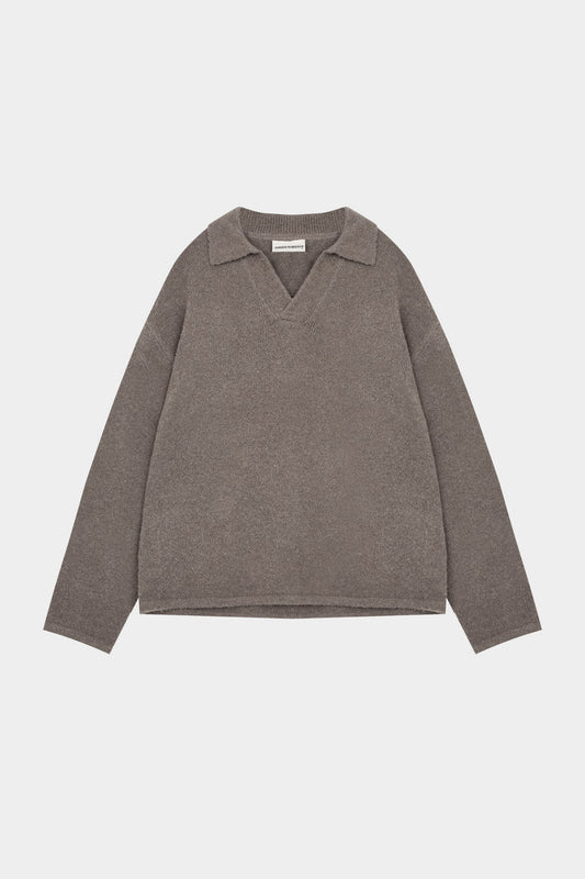 BOUCLE KNIT LONG SLEEVE POLO - BROWN
