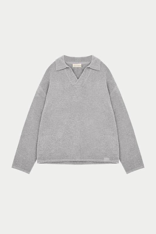 BOUCLE KNIT LONG SLEEVE POLO - GREY MARL