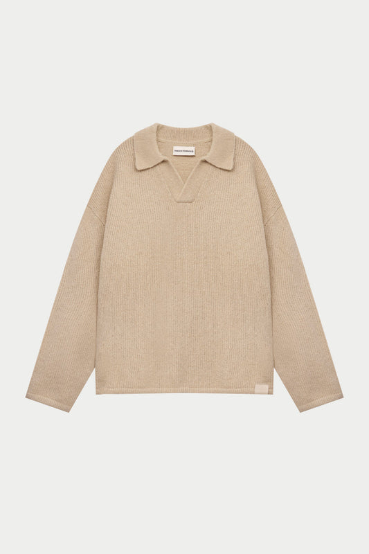 BOUCLE KNIT LONG SLEEVE POLO - STONE