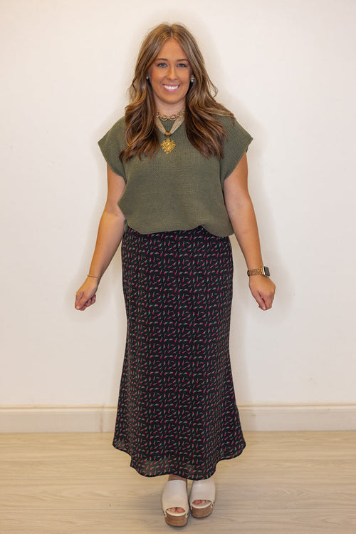 Women's olive burgundy floral black midi skirt by Wishlist
