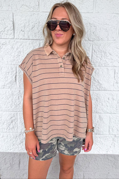 mineral washed caramel and black striped cap sleeve polo style top