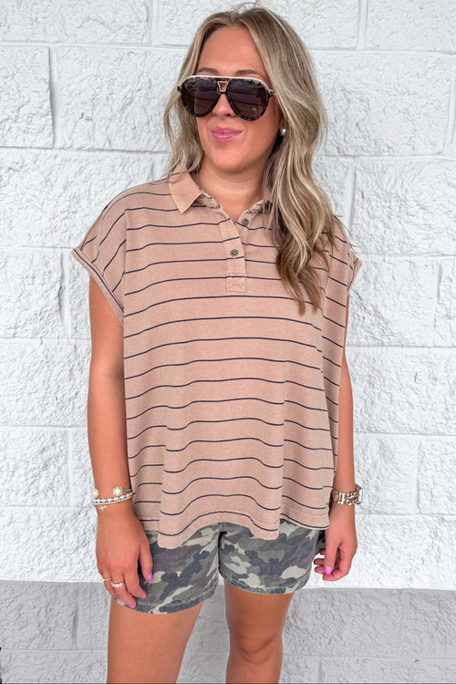mineral washed caramel and black striped cap sleeve polo style top