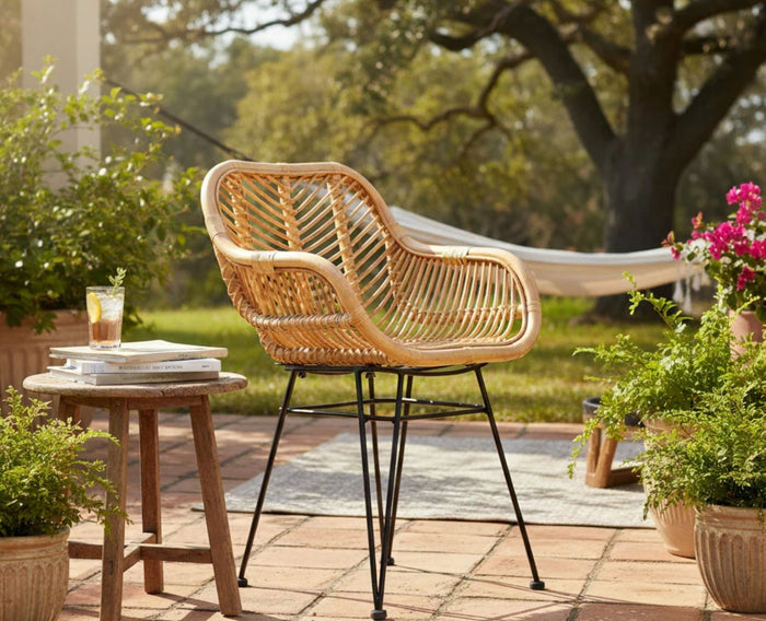 Breeze Rattan Accent Chair – Modern Upholstered Dining Chair for Home & Café Honey Tan , Black