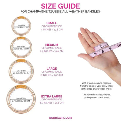 BuDhaGirl Tzubblie single champagne bangle bracelet showing size chart