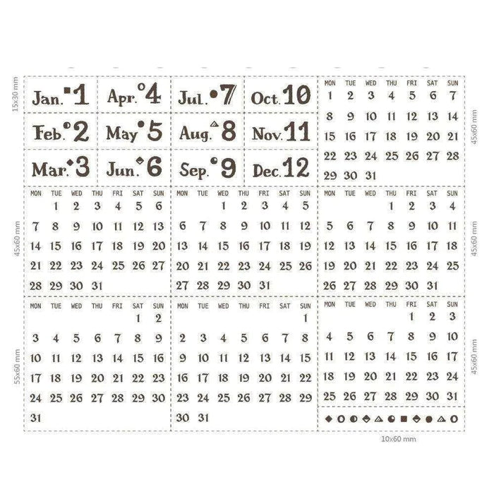 Calendar Stamp Set - Mini Month Stamp with 12 Month Stamps, 6 Days and Dates, and Shapes - DiyCraftsProject