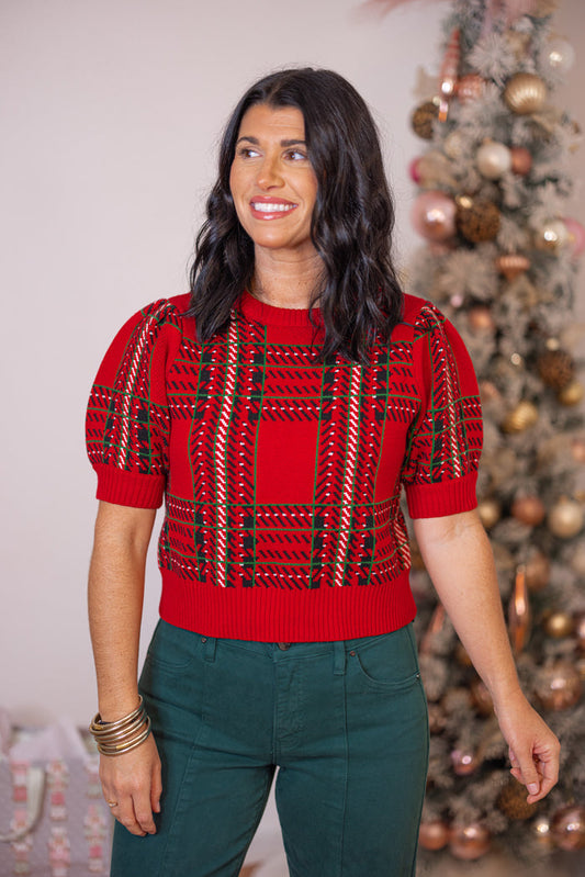 Checkered Cropped Plaid Red Sweater by Day + Moon