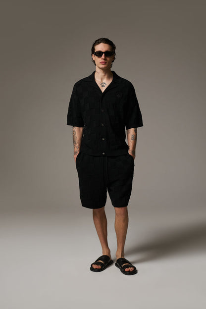 CHECKERBOARD KNITTED SHIRT - BLACK