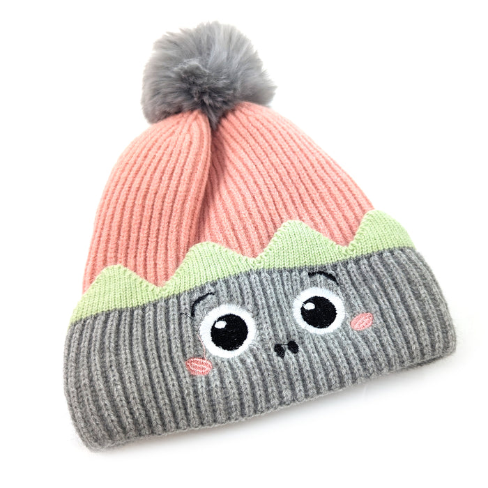 Childrens Monster Bobble Hat - Pink/Grey (up to 8 yrs)