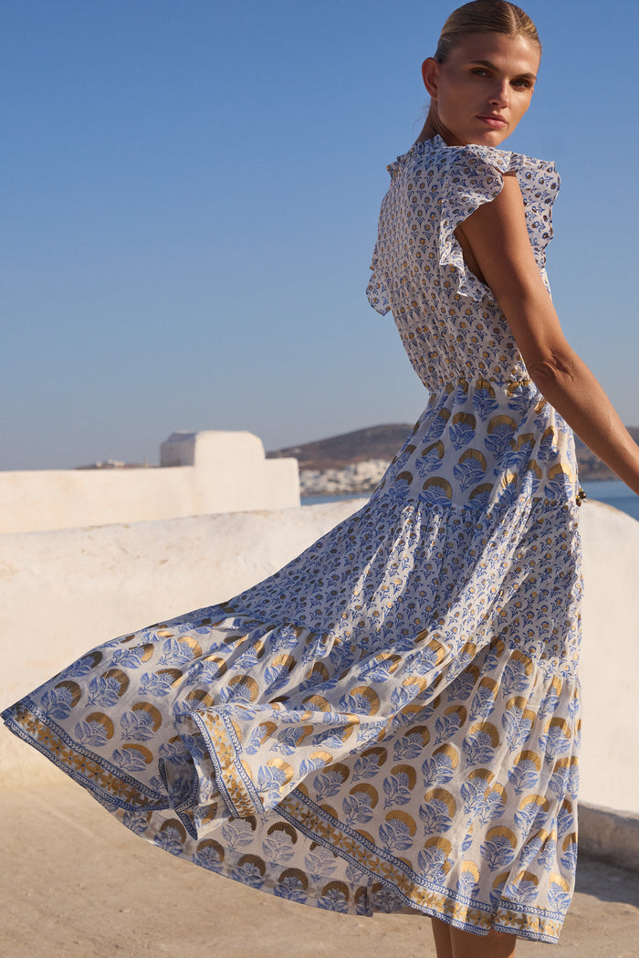 Cinched Flirty Midi- Arbor Blue