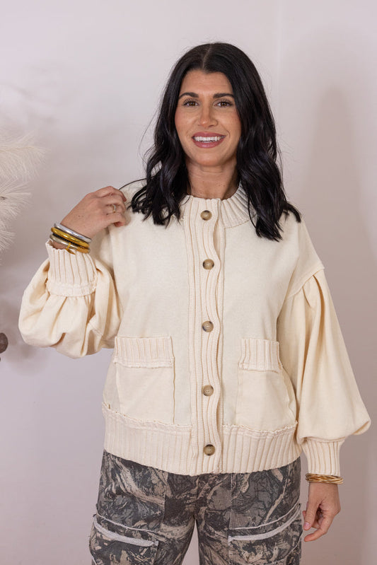Women's ecru terry knit button front cardigan with textured ribbed knit trim by Entro