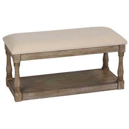 Cortesi Home Dahlia Wooden Bench Ottoman, Distressed Wood and Beige Fabric