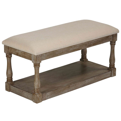 Cortesi Home Dahlia Wooden Bench Ottoman, Distressed Wood and Beige Fabric