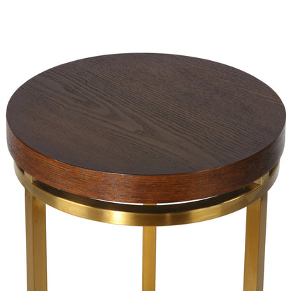 Cortesi Home Kufu Round Side Table in Gold Stainless Steel and Wood Top, 14" Round