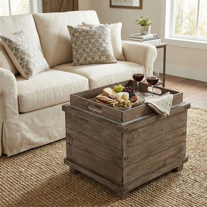 Cortesi Home Scusset Storage Chest Tray Ottoman in Fabric and Wood, Grey