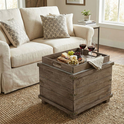 Cortesi Home Scusset Storage Chest Tray Ottoman in Fabric and Wood, Grey