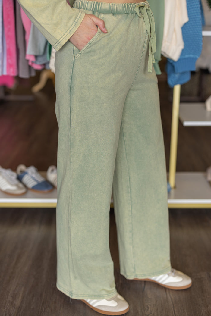 Women's mineral washed sage green knit wide leg pants and long sleeve top set by Very J showing front angled view of pants