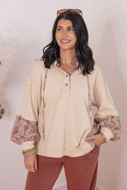 Women's beige french terry knit hooded top with plaid patchwork colorblock by Easel
