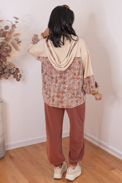 Women's beige french terry knit hooded top with plaid patchwork colorblock by Easel showing full back view