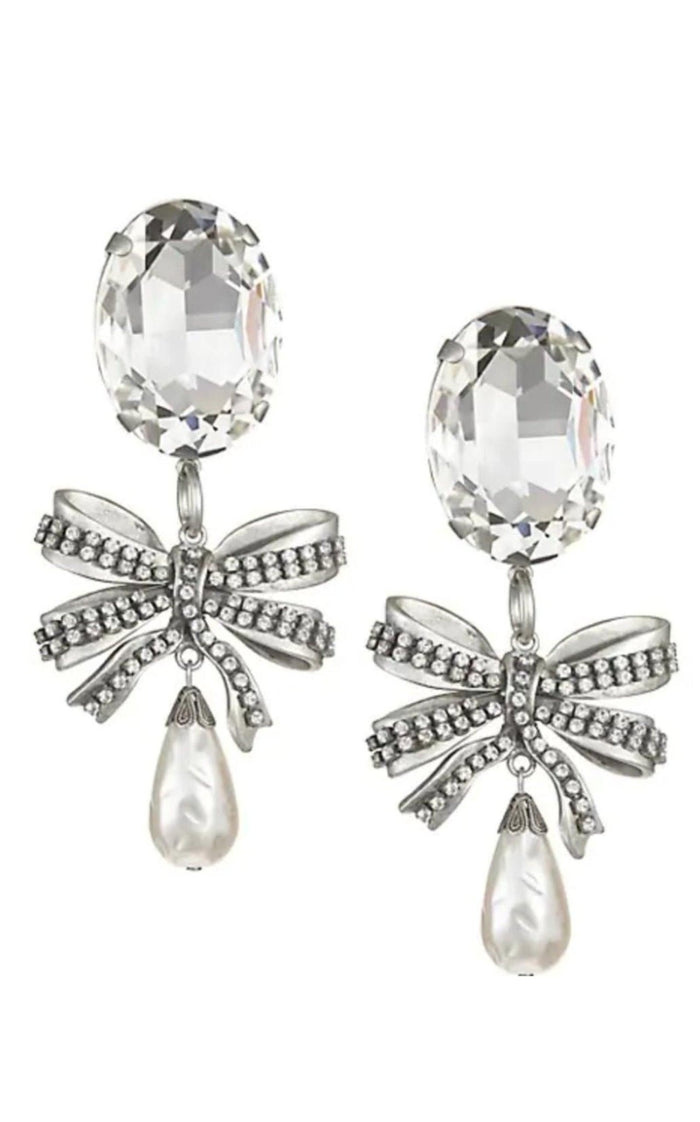 Alessandra Rich Crystal Bow Pearl Drop Earring - Runway Catalog
