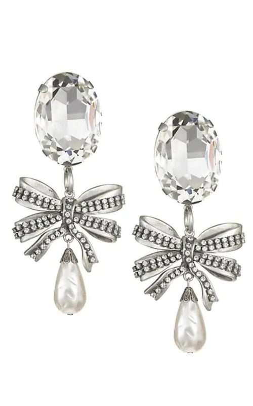 Alessandra Rich Crystal Bow Pearl Drop Earring - Runway Catalog