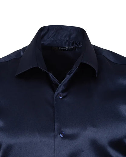 Dark Blue Shiny Plain Satin Classic Men’s Shirt-Makrom