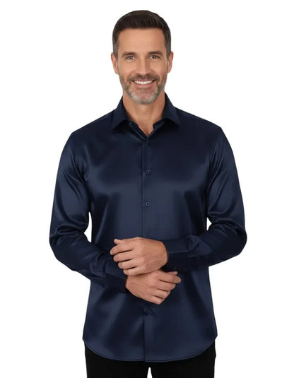 Dark Blue Shiny Plain Satin Classic Men’s Shirt-Makrom
