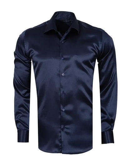Dark Blue Shiny Plain Satin Classic Men’s Shirt-Makrom
