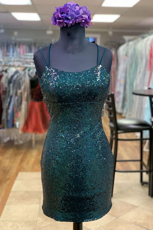 Dark Green Sequin Spaghetti Straps Short Cocktail Dress