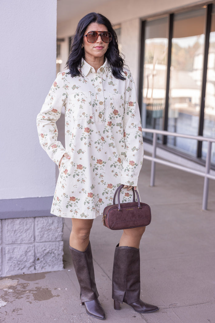 Women's trendy cream denim floral print dress with button front bodice by In February