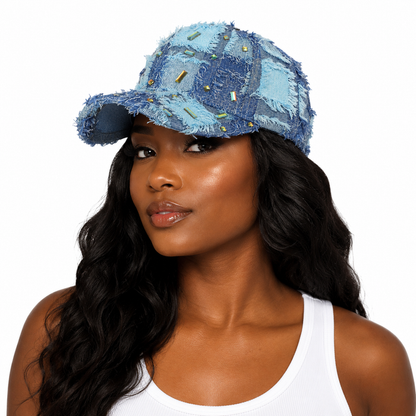 Statement distressed baseball cap with woven finish, fringed edge and shiny diamond accents for retro hip-hop outfit styling.
