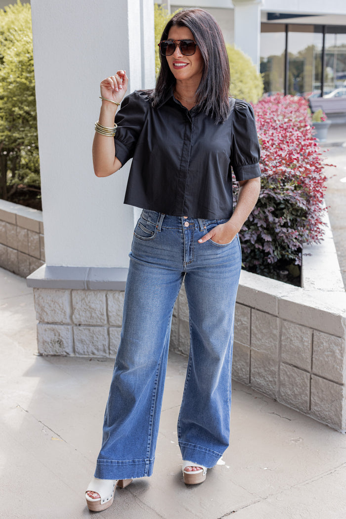 Women's black puff sleeve button front cropped top by Entro, perfect fall transitional top