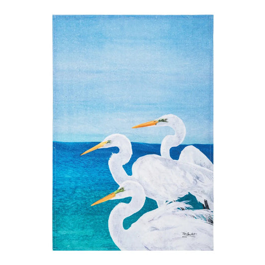 Artistic depiction of three white egrets by a blue water body