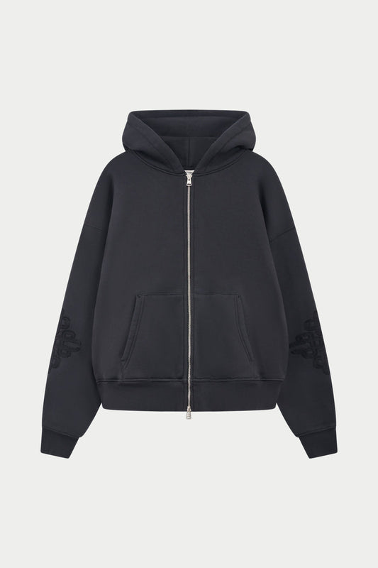 EMBLEM APPLIQUE ZIP THROUGH HOODIE - BLACK