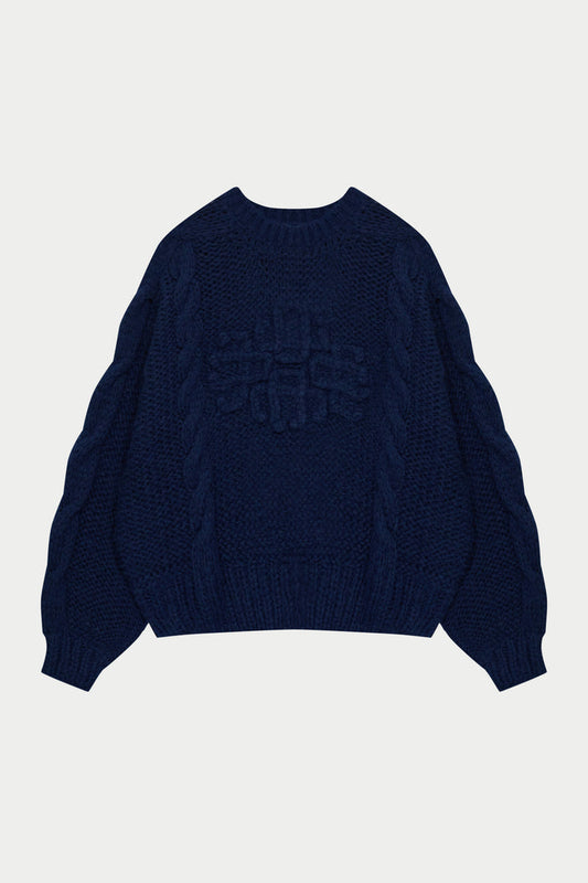 EMBLEM PLAITED OVERSIZED KNIT JUMPER - NAVY