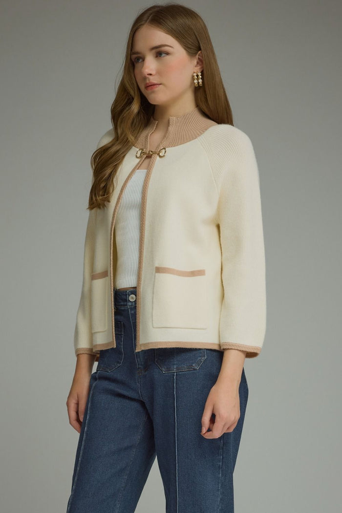 ENTRO Long Sleeve Knit Jacket With Horse Bit Detail In Cream
