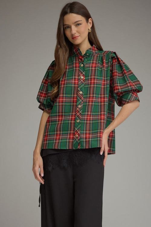 ENTRO Plaid Short Puff Sleeve Top With High Neck In Green *COMING SOON*