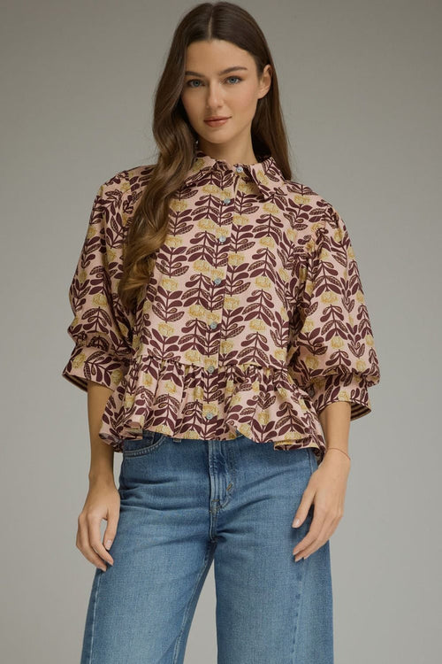 ENTRO Printed Short Puff Sleeve Top In Blush