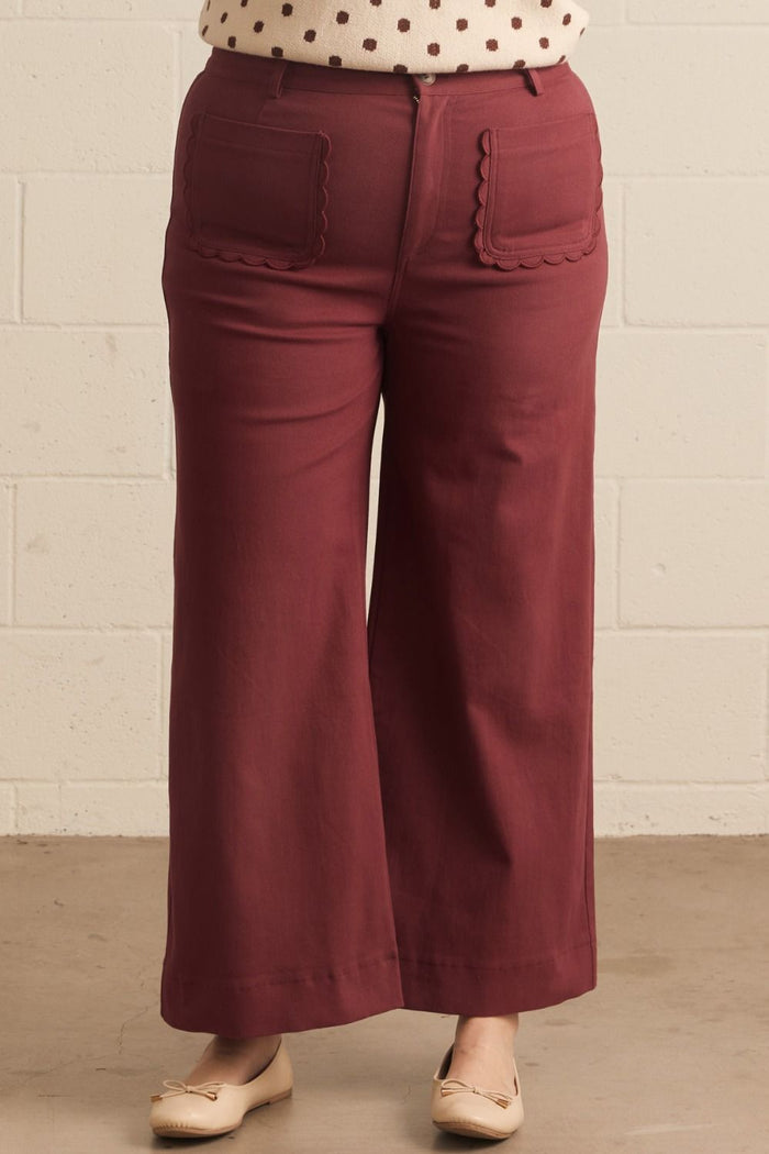 ENTRO Solid Wide Leg Pant With Scalloped Accent In Burgundy PLUS Sizes