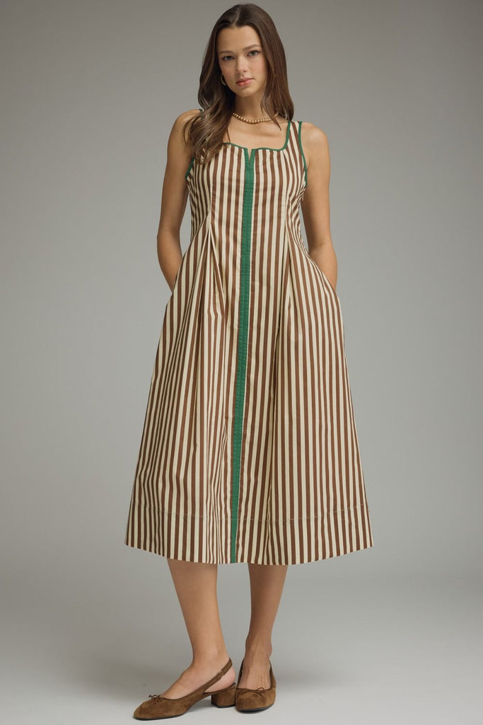 ENTRO Striped Sleeveless Midi Dress With Contrast Trim In Ecru Brown *FINAL SALE*