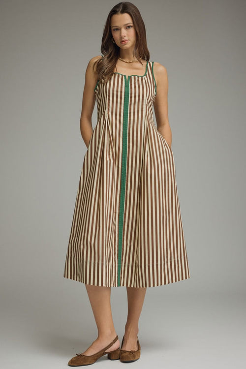 ENTRO Striped Sleeveless Midi Dress With Contrast Trim In Ecru Brown *FINAL SALE*