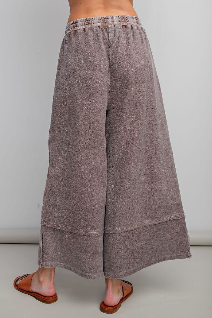 Women's washed espresso terry knit textured wide leg cropped pants by Easel showing back view