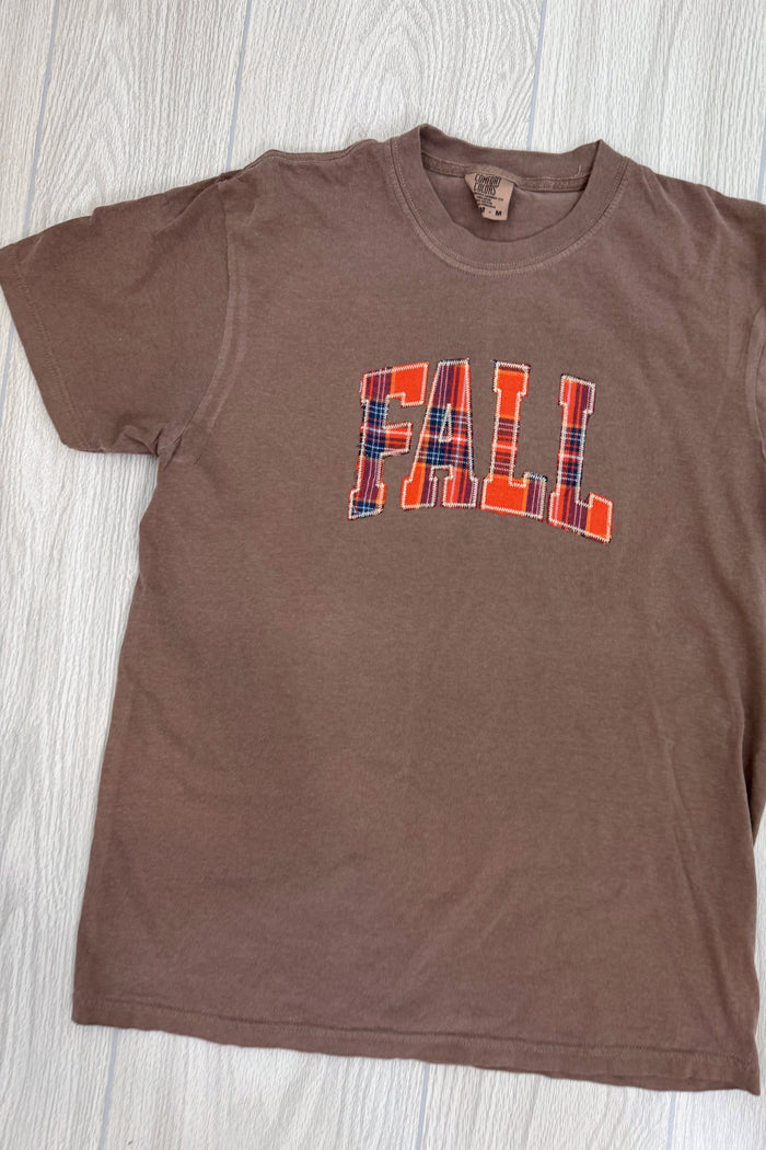 fall plaid print embroidered graphic tee