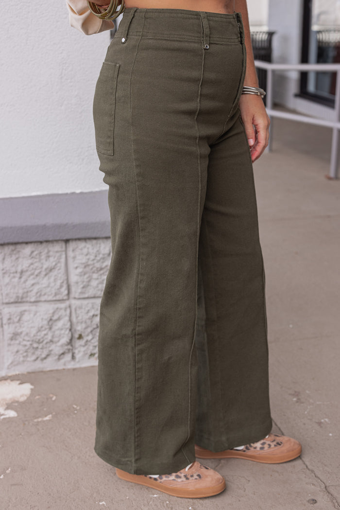 Women's olive denim cropped pants with pintuck seam detail by Entro  showing up close side view