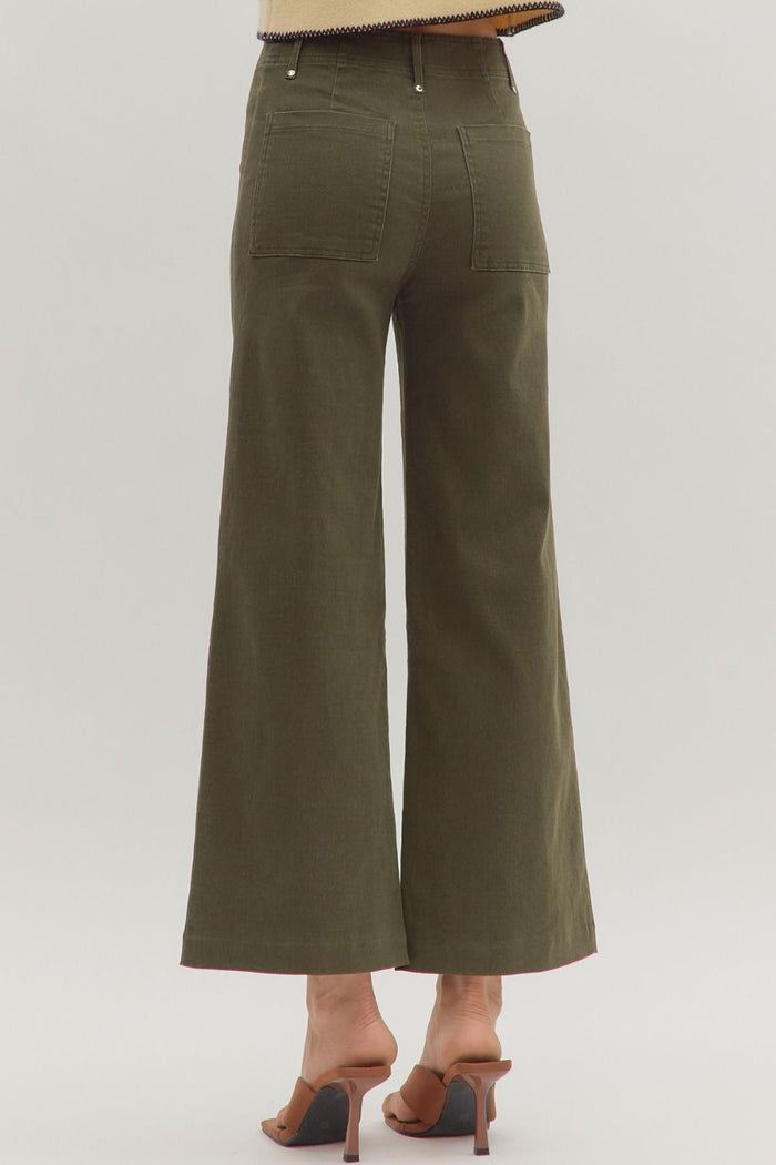 Women's olive denim cropped pants with pintuck seam detail by Entro showing back view