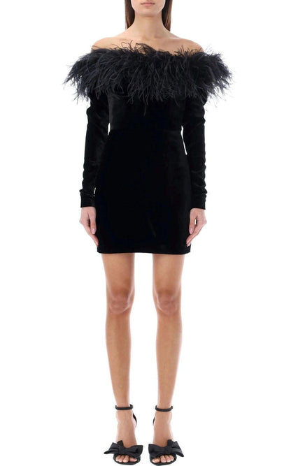 Alessandra Rich Feather - trim Velvet Mini Dress - Runway Catalog