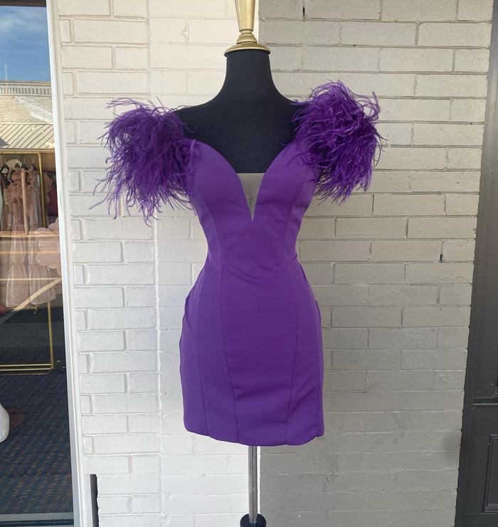 Feathers Hot Pink Off-the-Shoulder Short Cocktail Dress