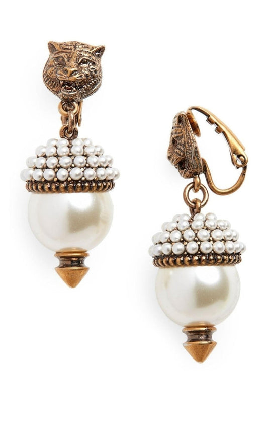 Gucci Feline Head Pearl Drop Earrings - Runway Catalog